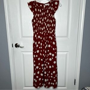 THML Rust & White Dab Print Midi Dress Smocked Front Flutter Sleeve Sz XS